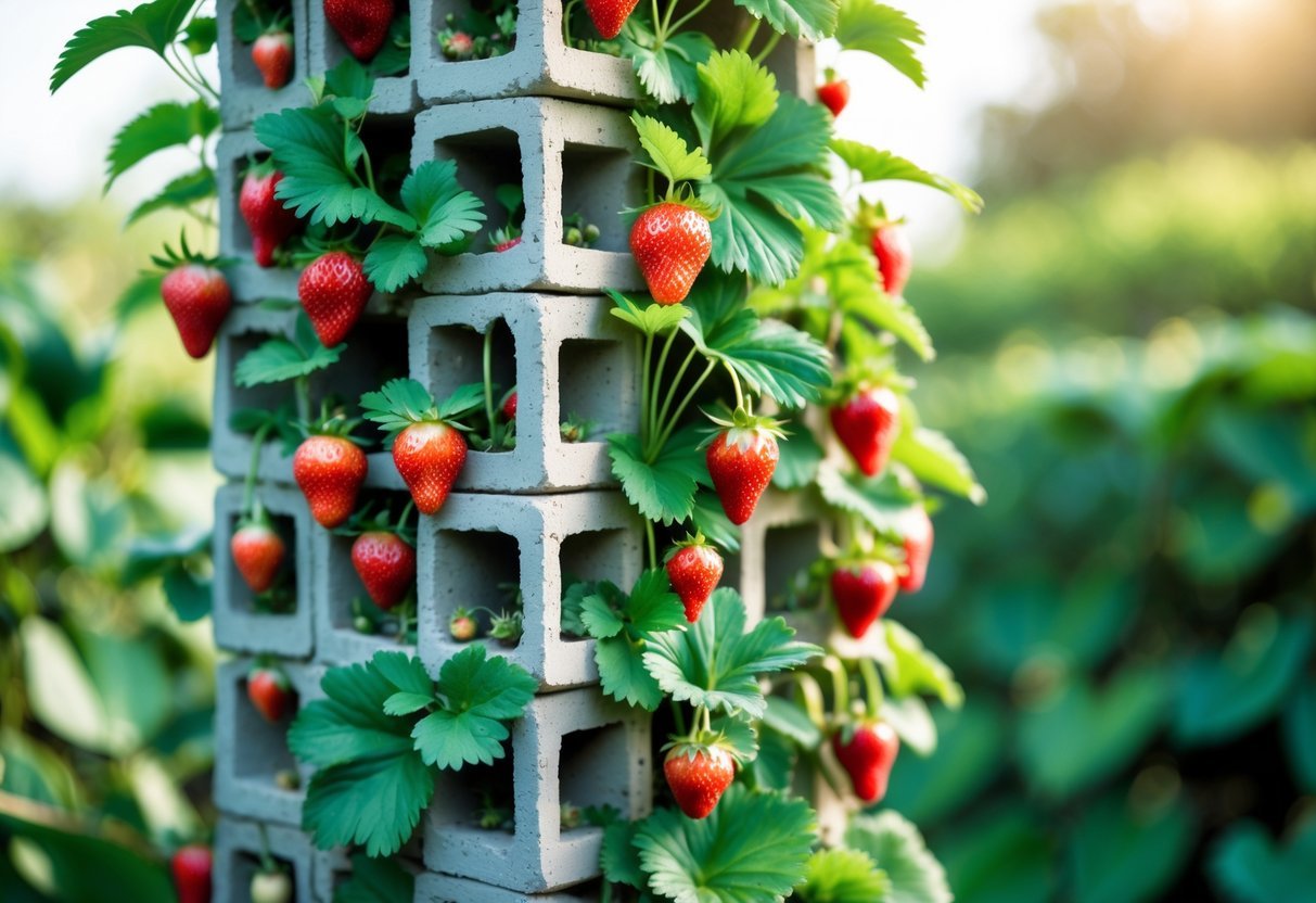 18+ Vertical Strawberry Tower Garden Ideas: Easy Designs for Small Space Growers in the US 14 A vertical garden tower made of stacked cinder blocks with strawberry plants growing and ripe strawberries hanging from the openings.