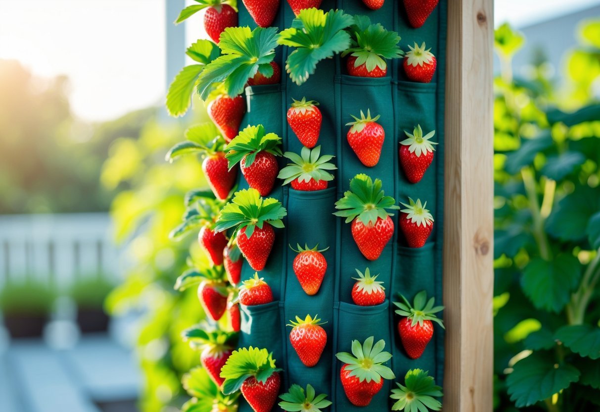 18+ Vertical Strawberry Tower Garden Ideas: Easy Designs for Small Space Growers in the US 15 Vertical fabric pocket wall planter filled with green strawberry plants and ripe red strawberries in an outdoor garden setting.