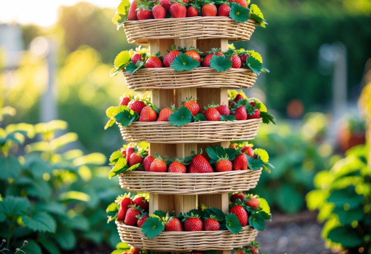 18+ Vertical Strawberry Tower Garden Ideas: Easy Designs for Small Space Growers in the US 16 A vertical tower of tiered baskets filled with ripe strawberries and green leaves in an outdoor garden.
