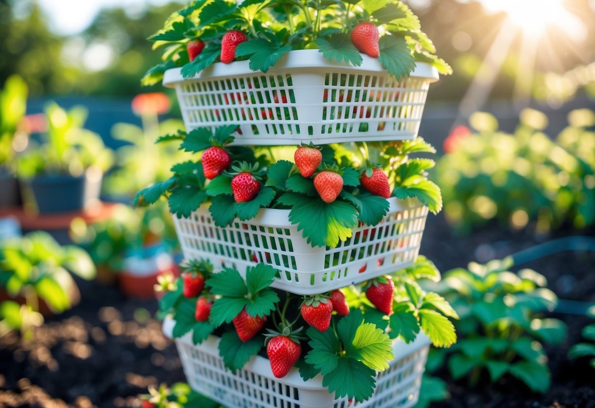 18+ Vertical Strawberry Tower Garden Ideas: Easy Designs for Small Space Growers in the US 17 Vertical tower of stacked laundry baskets filled with strawberry plants bearing ripe red strawberries in an outdoor garden.