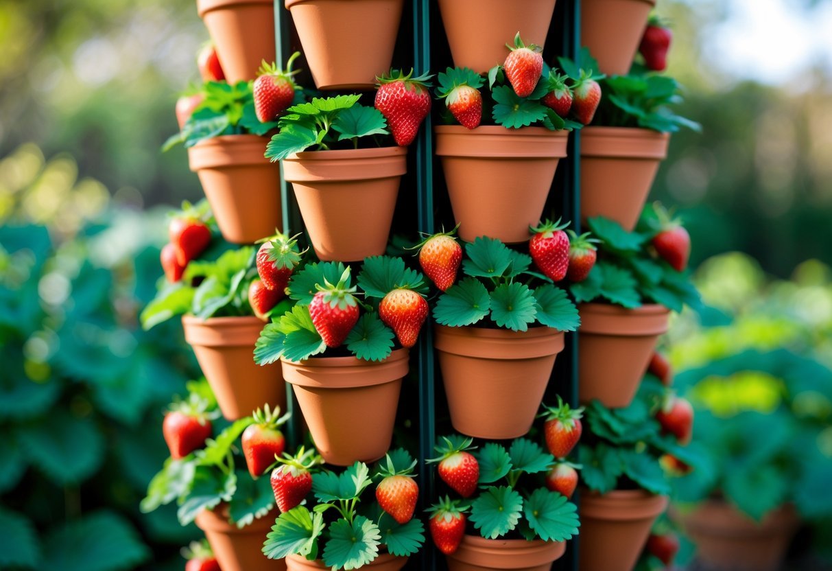 18+ Vertical Strawberry Tower Garden Ideas: Easy Designs for Small Space Growers in the US 18 Vertical garden tower made of terracotta pots filled with green strawberry plants and ripe red strawberries.