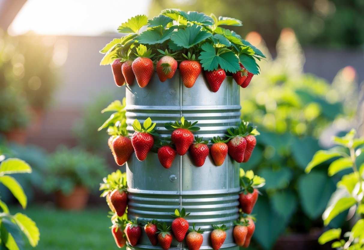 18+ Vertical Strawberry Tower Garden Ideas: Easy Designs for Small Space Growers in the US 19 Vertical metal drum garden tower filled with green strawberry plants and ripe red strawberries outdoors.
