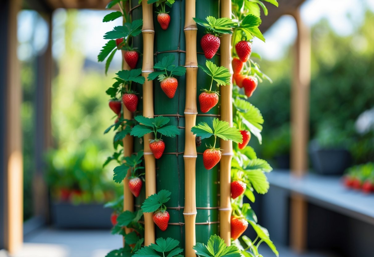 18+ Vertical Strawberry Tower Garden Ideas: Easy Designs for Small Space Growers in the US 20 Vertical garden made of bamboo pipes with green strawberry plants and ripe red strawberries growing in an outdoor garden setting.