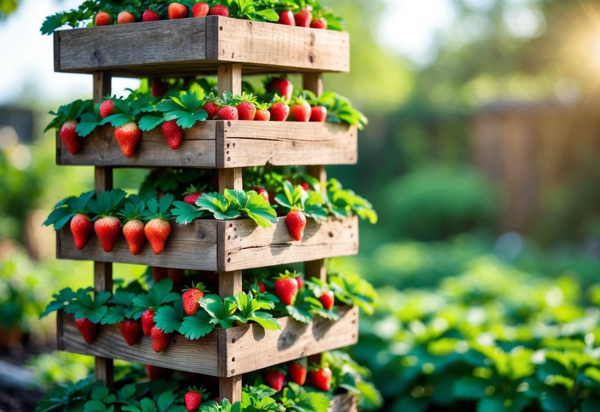 18+ Vertical Strawberry Tower Garden Ideas: Easy Designs for Small Space Growers in the US 21 Stacked wooden crates arranged vertically as a planter filled with green strawberry plants and ripe red strawberries in a garden.