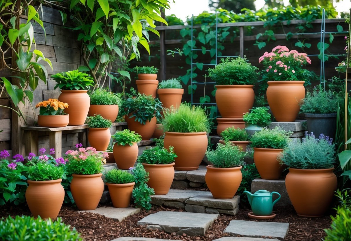 12+ Garden Ideas Using Terracotta Pots: Easy Ways to Transform Your Outdoor Space 2 A garden scene with various terracotta pots filled with flowers and plants arranged among greenery and wooden shelves.