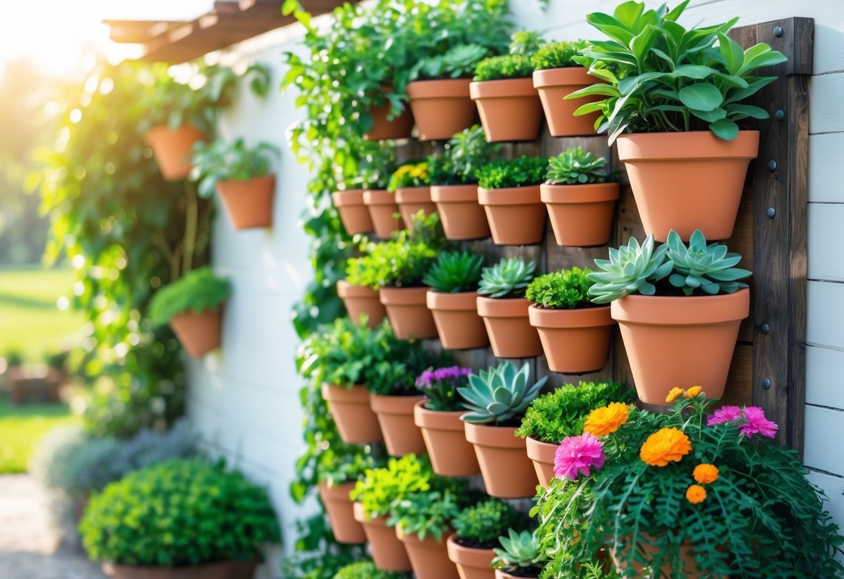 12+ Garden Ideas Using Terracotta Pots: Easy Ways to Transform Your Outdoor Space 3 A vertical garden with terracotta pots arranged on a wall, filled with green plants and colorful flowers.