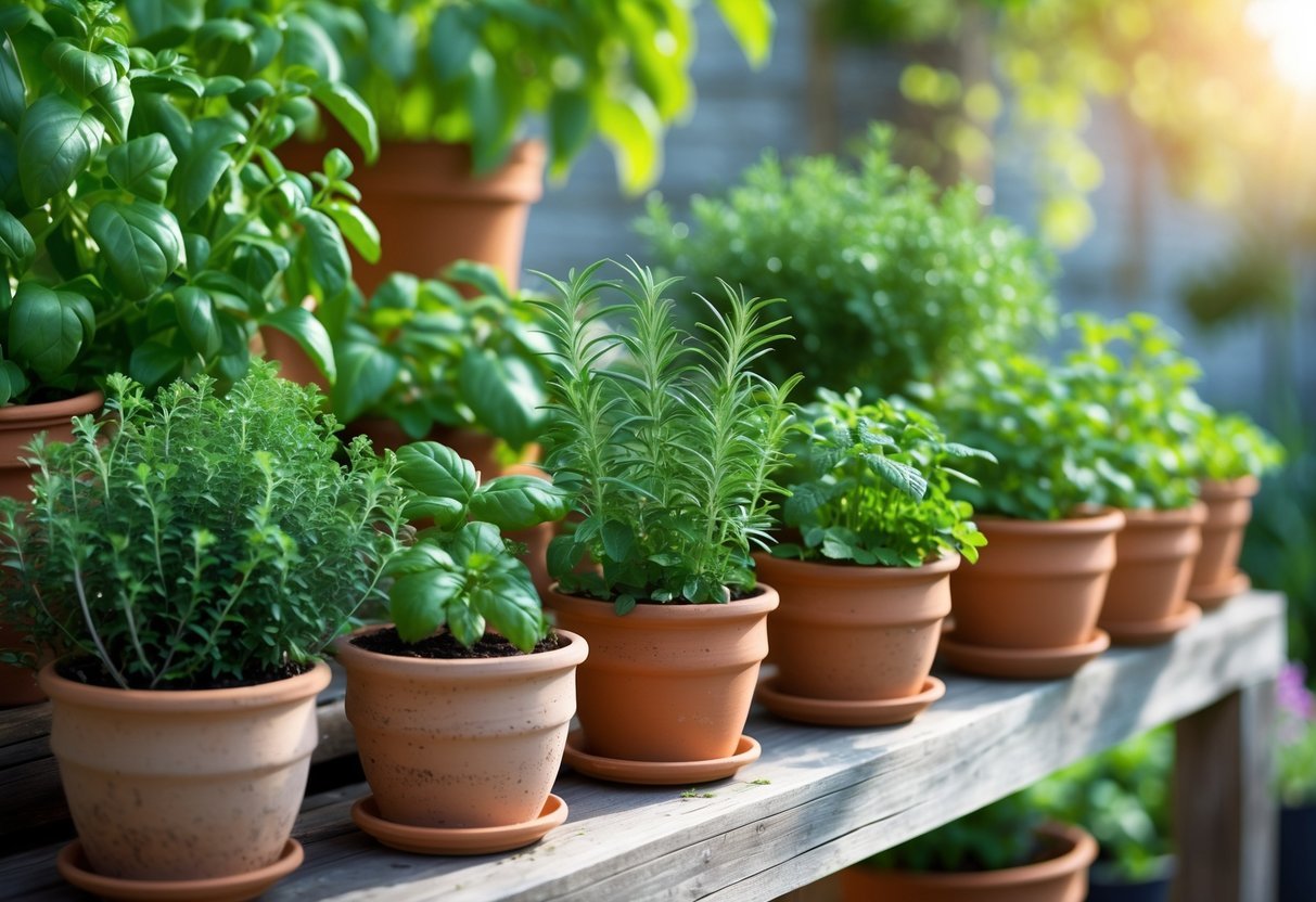 12+ Garden Ideas Using Terracotta Pots: Easy Ways to Transform Your Outdoor Space 4 A collection of terracotta pots filled with various green herbs arranged on a wooden shelf in a garden setting.