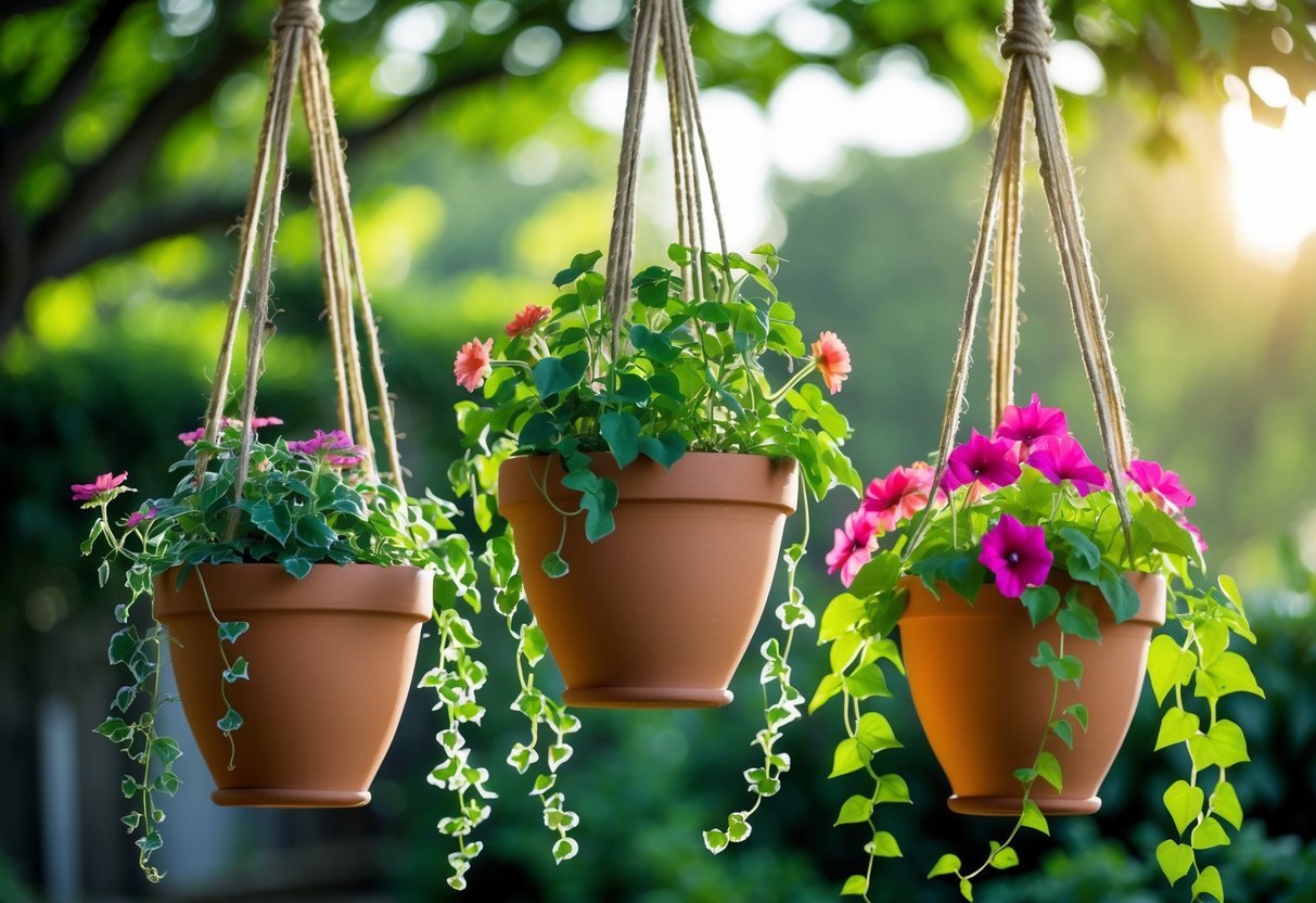 12+ Garden Ideas Using Terracotta Pots: Easy Ways to Transform Your Outdoor Space 5 Three terracotta hanging planters with green plants and flowers suspended outdoors against a background of greenery.