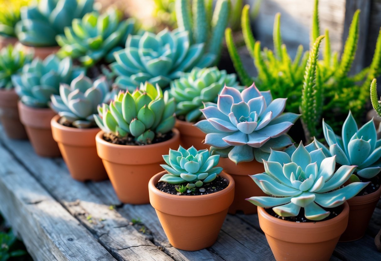 12+ Garden Ideas Using Terracotta Pots: Easy Ways to Transform Your Outdoor Space 6 A collection of different succulents planted in terracotta pots arranged on a wooden surface with soft natural light.