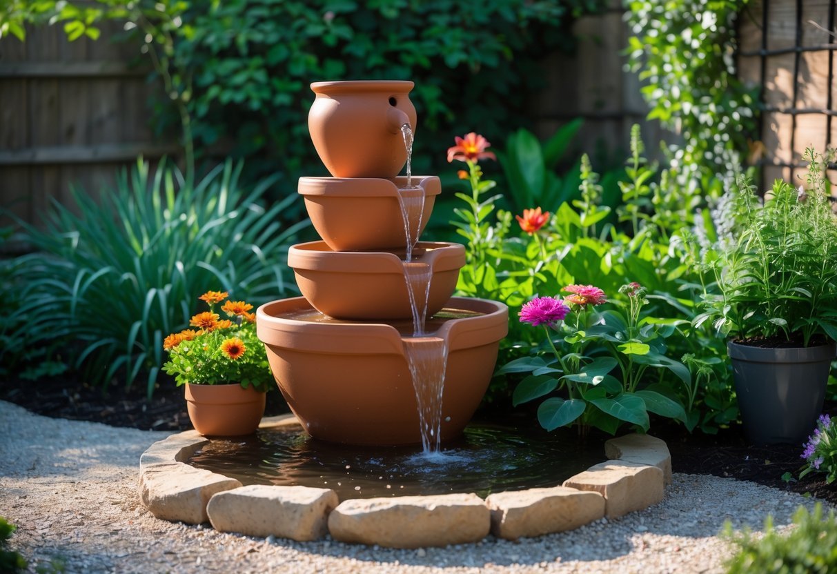12+ Garden Ideas Using Terracotta Pots: Easy Ways to Transform Your Outdoor Space 7 A garden with a terracotta pot fountain where water flows down stacked pots surrounded by green plants and flowers.