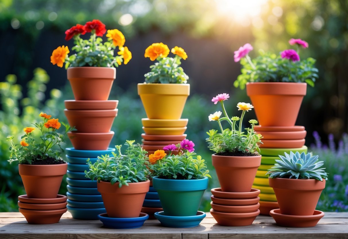 12+ Garden Ideas Using Terracotta Pots: Easy Ways to Transform Your Outdoor Space 9 Seven colorful terracotta pot stacks arranged outdoors, filled with green plants and flowers in a sunny garden.