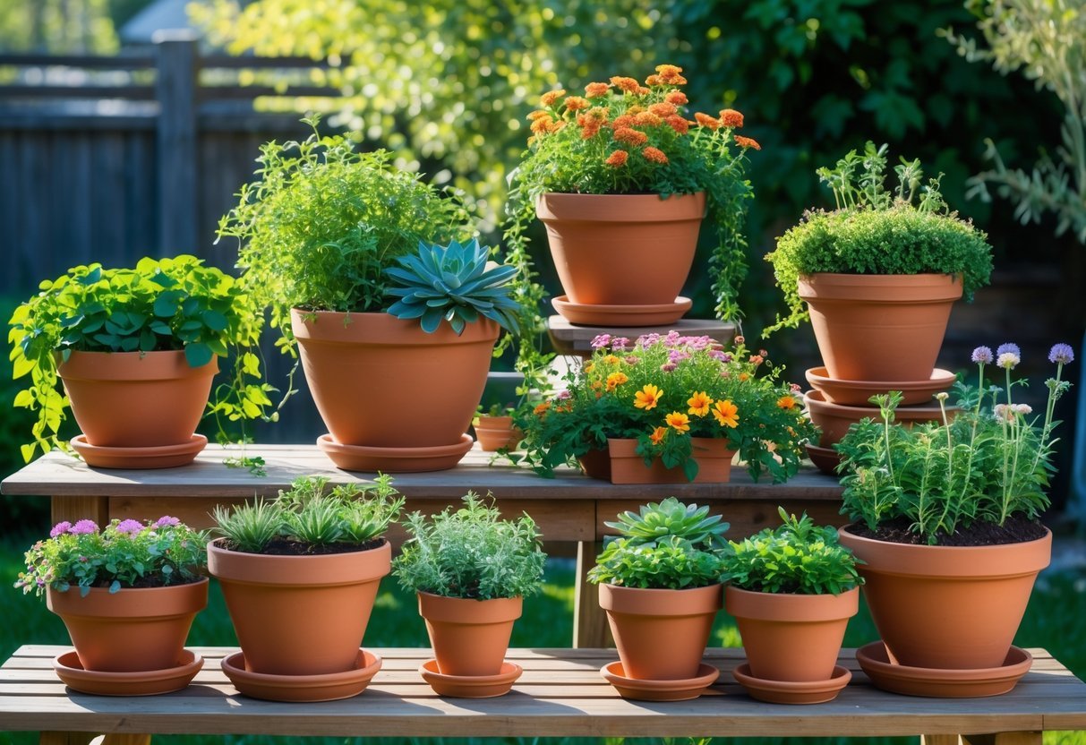 12+ Garden Ideas Using Terracotta Pots: Easy Ways to Transform Your Outdoor Space 10 Outdoor wooden table with eight terracotta pots containing different green plants and flowers in a garden setting.