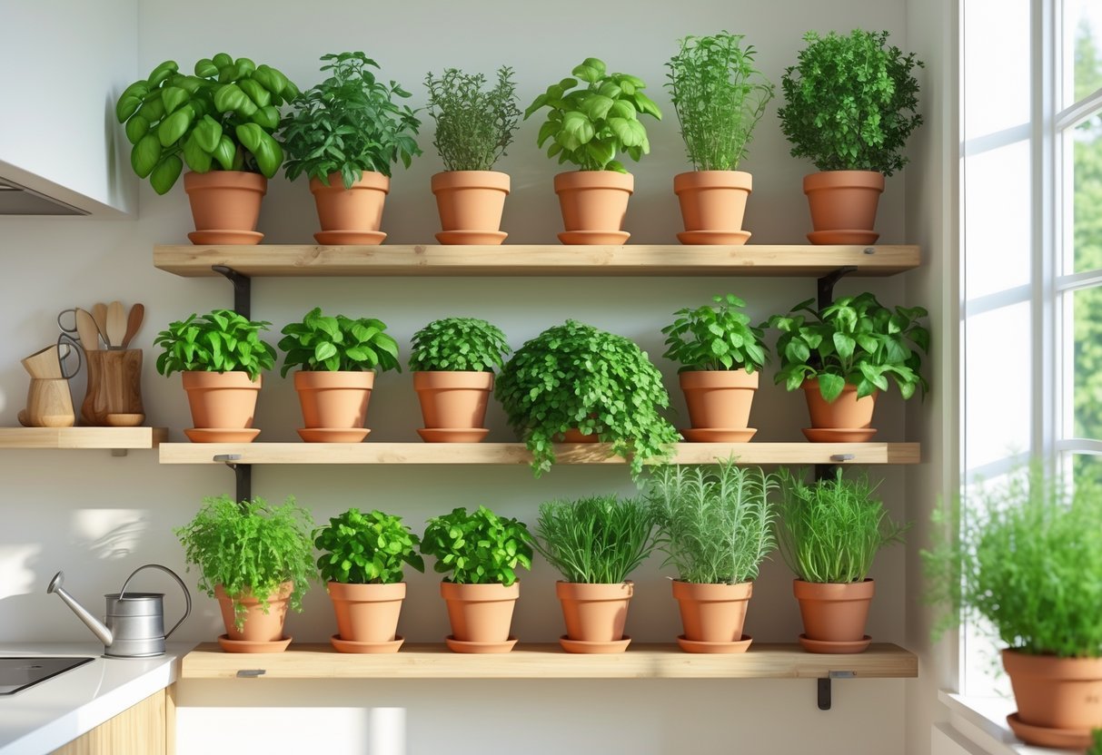 12+ Garden Ideas Using Terracotta Pots: Easy Ways to Transform Your Outdoor Space 12 Indoor wooden shelves holding ten terracotta pots with various green herbs growing in them, placed near a sunlit kitchen window.