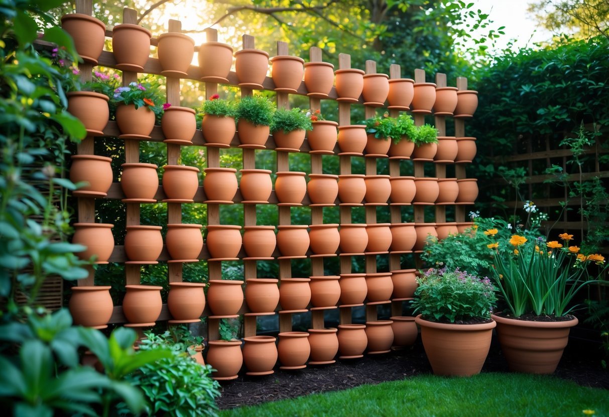12+ Garden Ideas Using Terracotta Pots: Easy Ways to Transform Your Outdoor Space 13 A garden lattice screen made from terracotta pots arranged in a grid, some holding green plants and flowers, set in a lush outdoor garden.