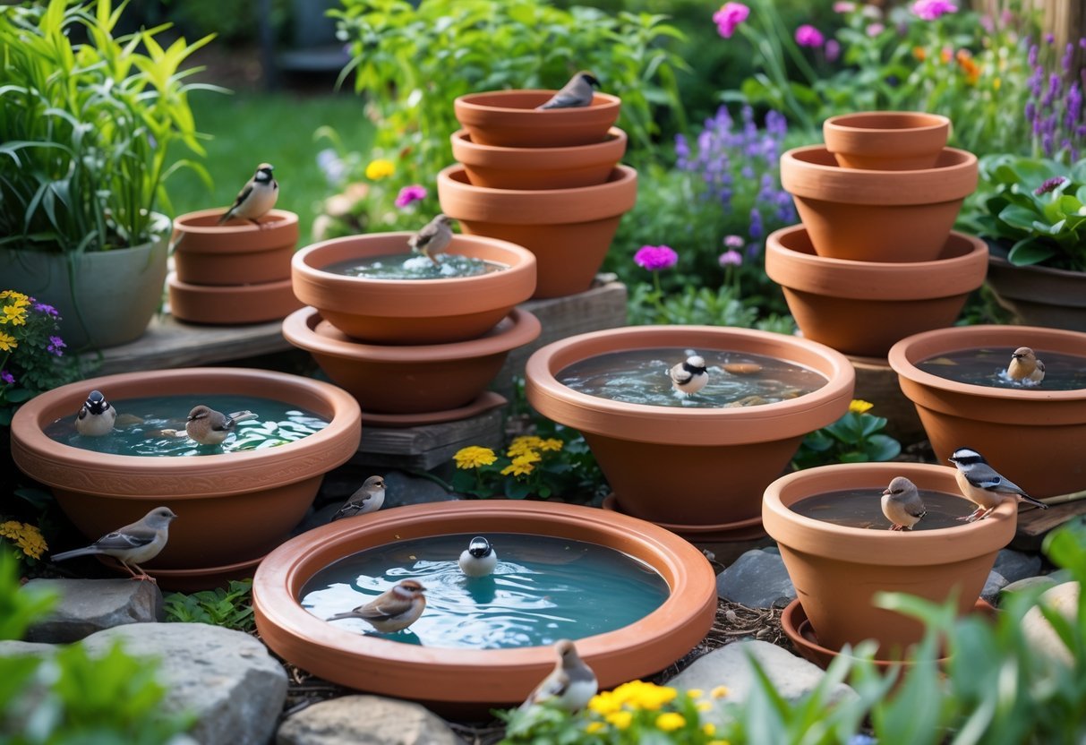 12+ Garden Ideas Using Terracotta Pots: Easy Ways to Transform Your Outdoor Space 14 A garden with twelve terracotta pot bird baths surrounded by plants and flowers, with birds perched on and bathing in the pots.