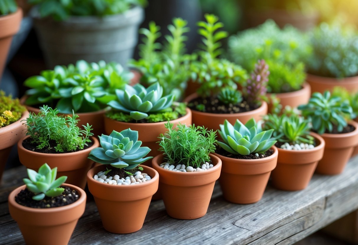 12+ Garden Ideas Using Terracotta Pots: Easy Ways to Transform Your Outdoor Space 15 A collection of small terracotta pots filled with green plants and flowers arranged on a wooden surface.