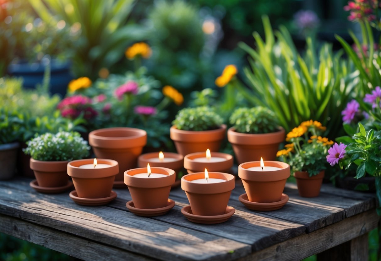 12+ Garden Ideas Using Terracotta Pots: Easy Ways to Transform Your Outdoor Space 16 Terracotta pots used as tea light holders with lit candles arranged on a wooden table in a garden surrounded by plants and flowers.