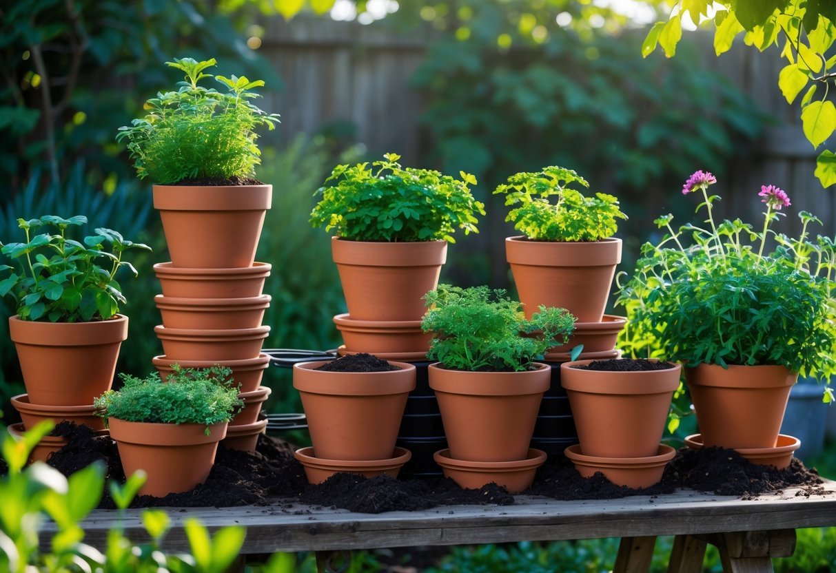 12+ Garden Ideas Using Terracotta Pots: Easy Ways to Transform Your Outdoor Space 17 Terracotta pots arranged as water reservoir planters with green plants on a wooden garden bench surrounded by garden greenery.
