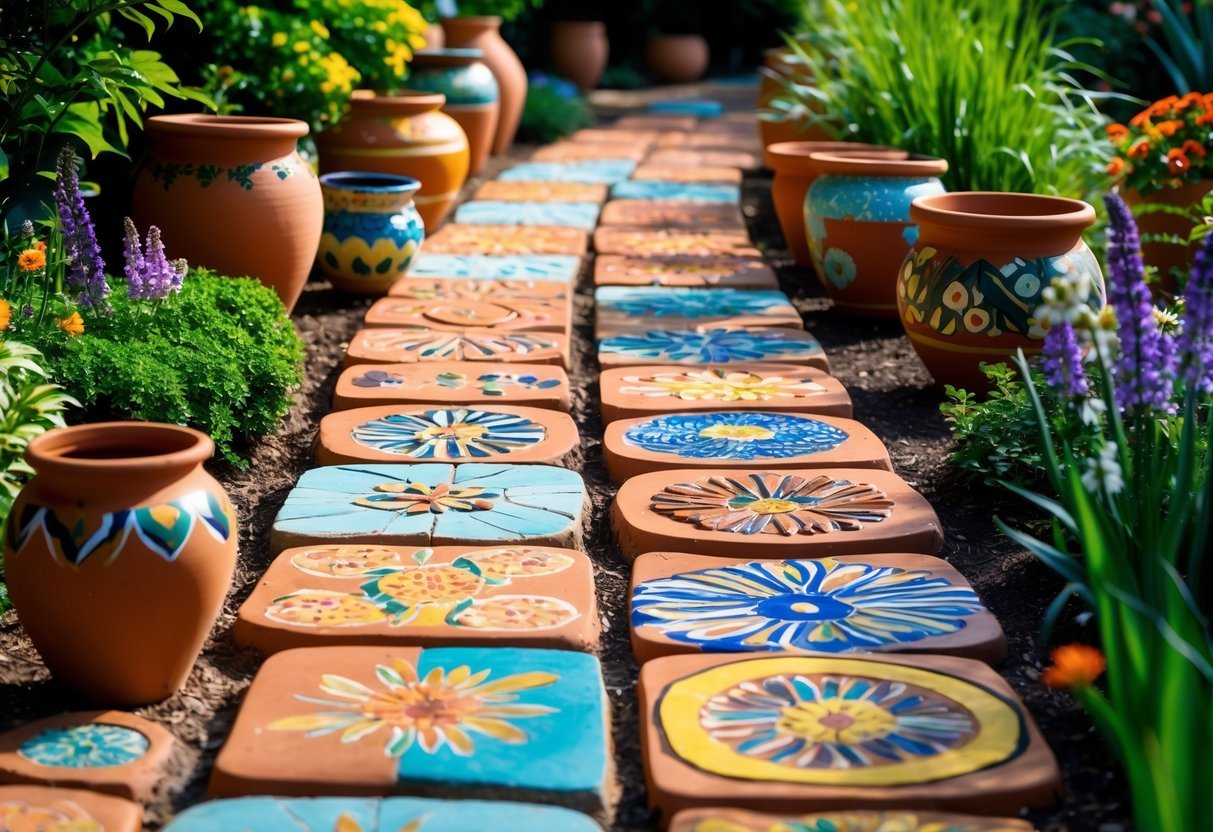 12+ Garden Ideas Using Terracotta Pots: Easy Ways to Transform Your Outdoor Space 18 A garden pathway made from colorful painted terracotta pots arranged in a mosaic pattern, surrounded by green plants and flowers.