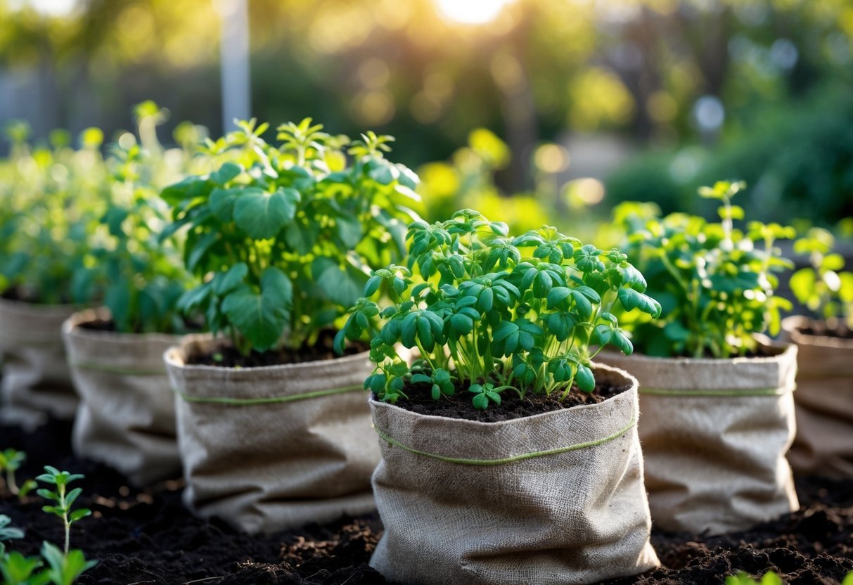 19+ Recycled Fabric Grow Bags for Sustainable Gardening in the US 2 Several recycled fabric grow bags filled with soil and green plants arranged outdoors in a garden.