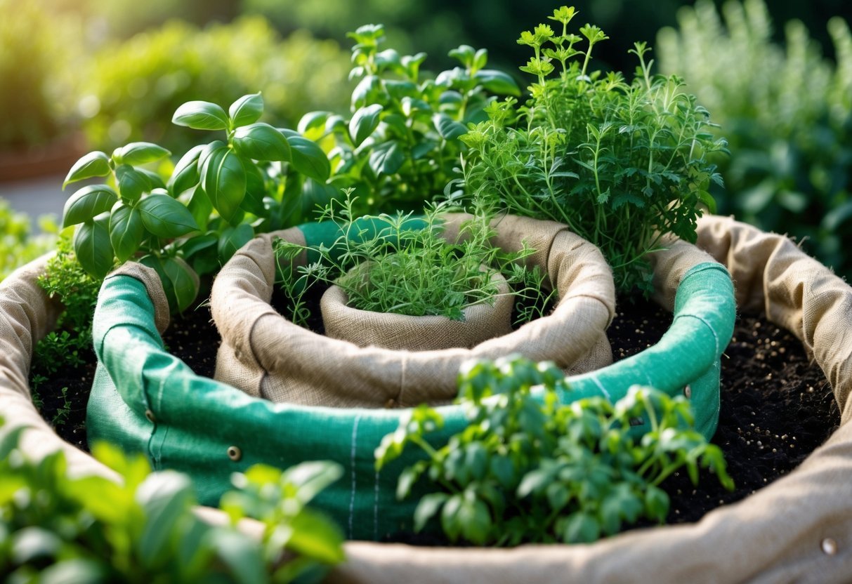 19+ Recycled Fabric Grow Bags for Sustainable Gardening in the US 3 A spiral garden made of recycled fabric grow bags filled with various fresh green herbs outdoors.