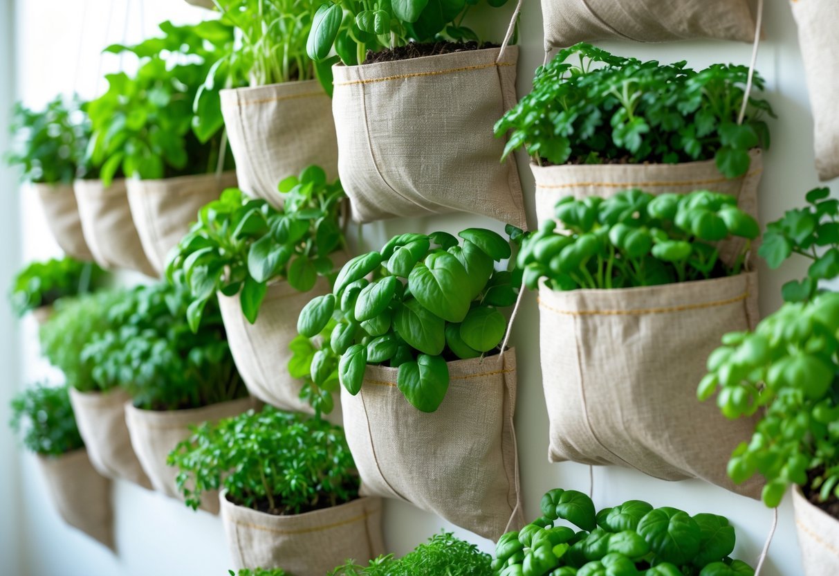 19+ Recycled Fabric Grow Bags for Sustainable Gardening in the US 4 Vertical hanging garden with multiple recycled fabric grow bags filled with green plants and herbs.