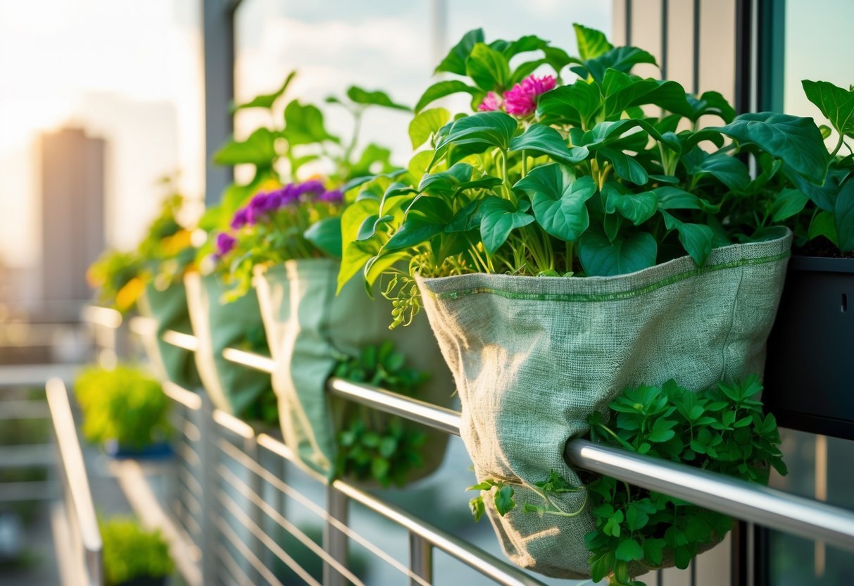 19+ Recycled Fabric Grow Bags for Sustainable Gardening in the US 5 A balcony railing garden with several recycled fabric grow bags filled with green plants and flowers.
