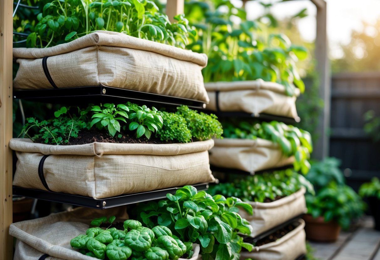 19+ Recycled Fabric Grow Bags for Sustainable Gardening in the US 6 A tiered garden with multiple recycled fabric grow bags filled with soil and green plants arranged outdoors on a vertical frame.