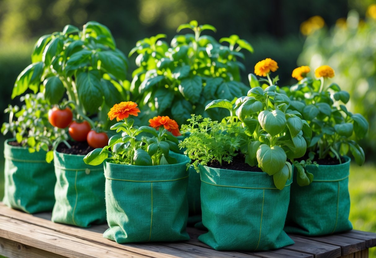 19+ Recycled Fabric Grow Bags for Sustainable Gardening in the US 7 A garden scene with multiple recycled fabric grow bags containing various healthy plants growing together on a wooden surface outdoors.