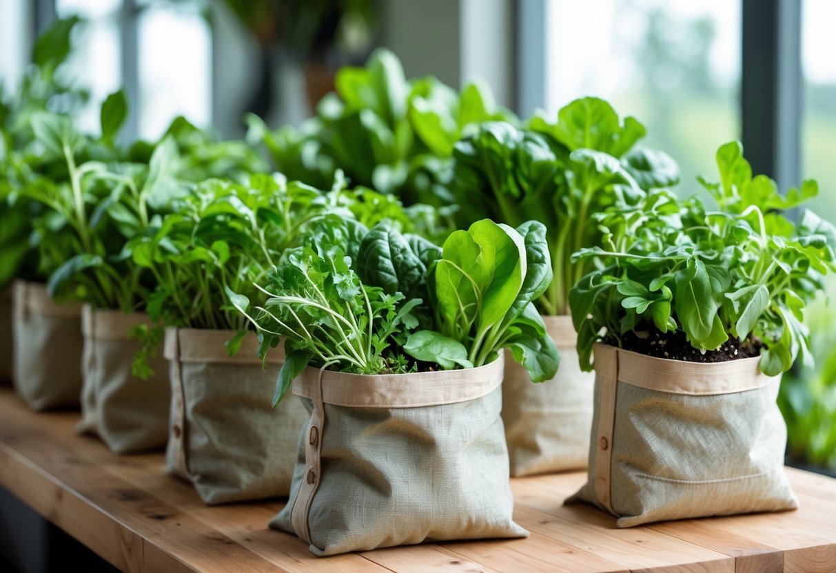 19+ Recycled Fabric Grow Bags for Sustainable Gardening in the US 8 A station with recycled fabric grow bags filled with fresh salad greens on a wooden table.