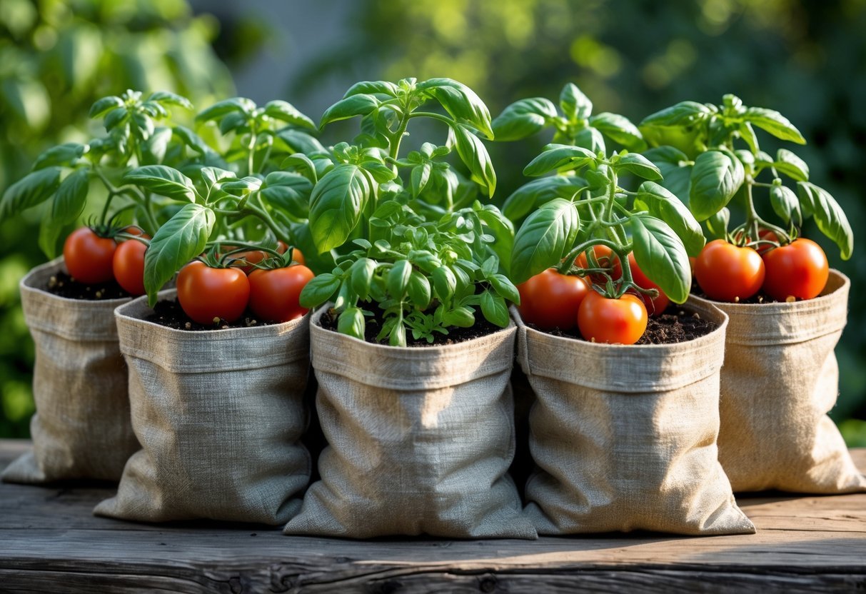 19+ Recycled Fabric Grow Bags for Sustainable Gardening in the US 9 Seven recycled fabric grow bags filled with tomato and basil plants placed on a wooden surface outdoors.
