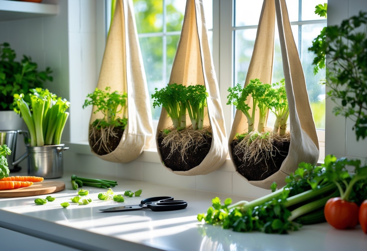 19+ Recycled Fabric Grow Bags for Sustainable Gardening in the US 10 Kitchen countertop with recycled fabric grow bags containing sprouting kitchen scraps like green onions and carrots, surrounded by gardening tools and fresh vegetables.