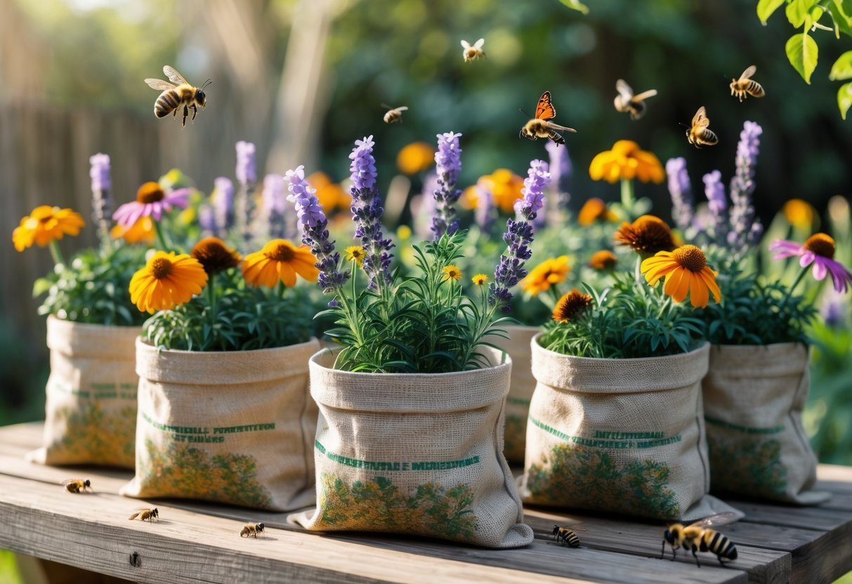 19+ Recycled Fabric Grow Bags for Sustainable Gardening in the US 11 Recycled fabric grow bags filled with colorful pollinator-friendly flowers outdoors with bees and butterflies around them.