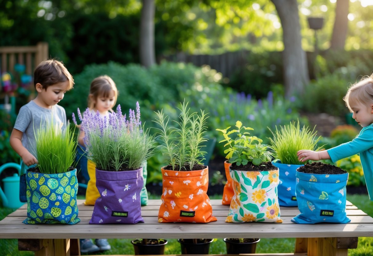 19+ Recycled Fabric Grow Bags for Sustainable Gardening in the US 12 Children exploring a sensory garden with colorful recycled fabric grow bags filled with various plants on a wooden table outdoors.