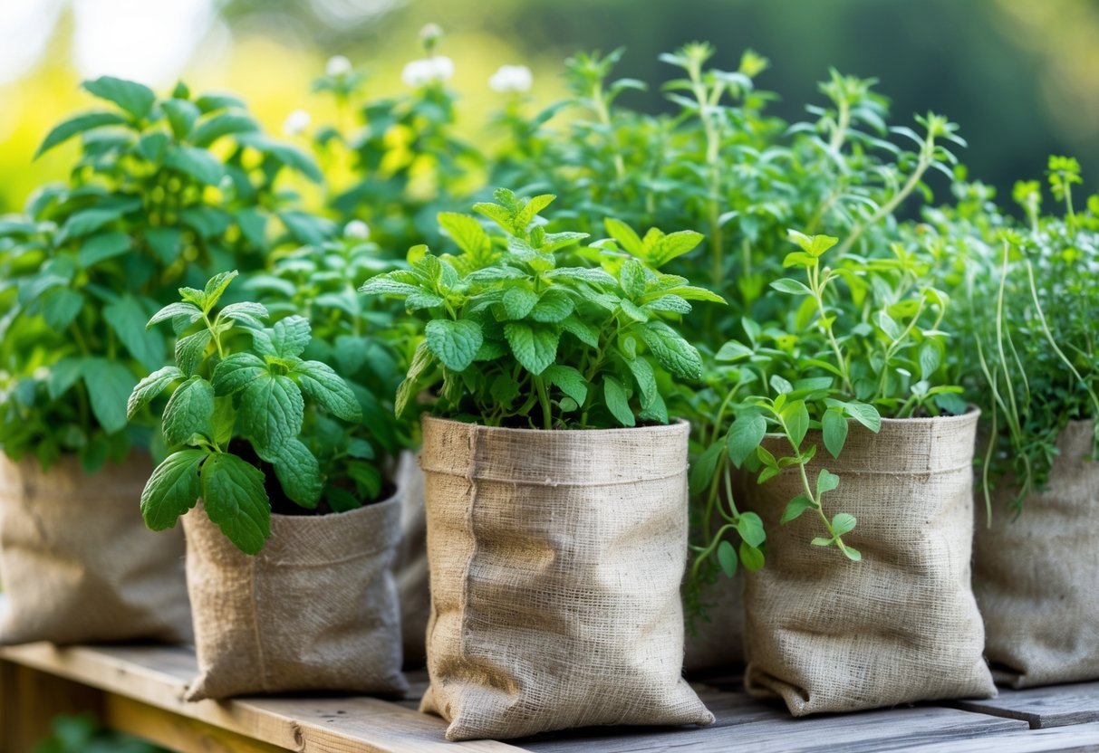 19+ Recycled Fabric Grow Bags for Sustainable Gardening in the US 13 Fresh green tea herbs growing in recycled fabric grow bags arranged outdoors on a wooden surface.