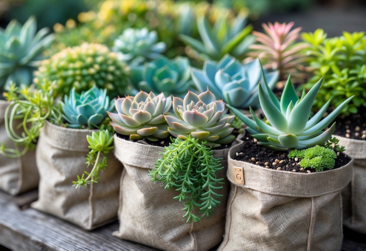 19+ Recycled Fabric Grow Bags for Sustainable Gardening in the US 14 A collection of various succulents growing in recycled fabric bags placed on a wooden surface.