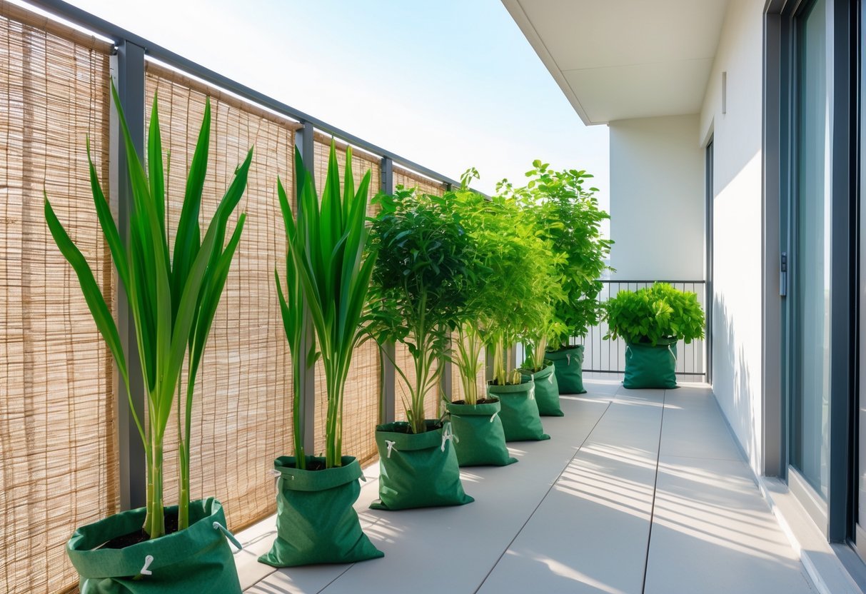 19+ Recycled Fabric Grow Bags for Sustainable Gardening in the US 15 A balcony with a privacy screen and tall green plants growing in recycled fabric grow bags.