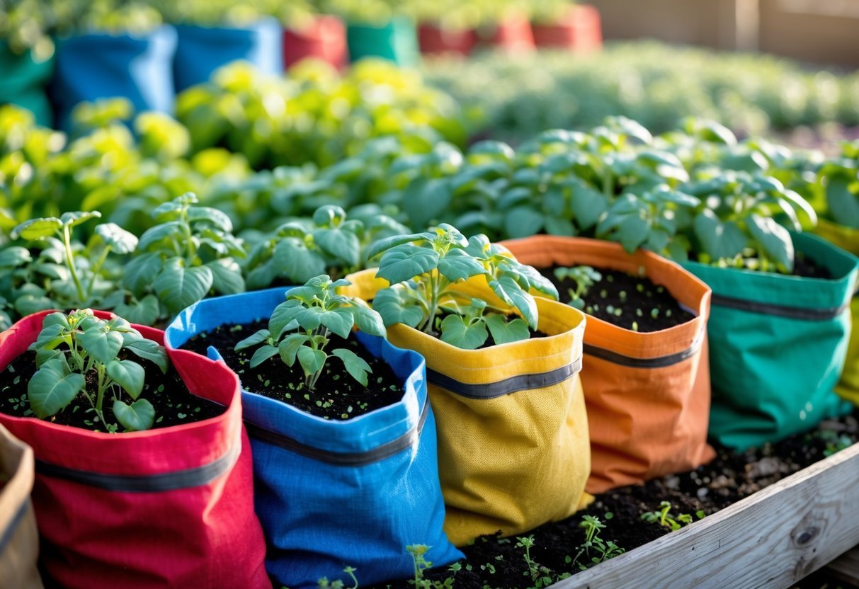 19+ Recycled Fabric Grow Bags for Sustainable Gardening in the US 16 Colorful recycled fabric grow bags arranged in rows, each filled with green plants and soil.