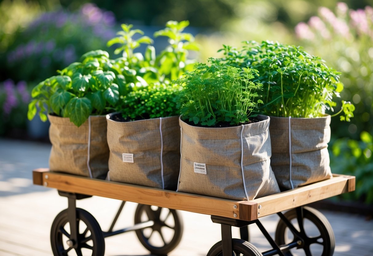 19+ Recycled Fabric Grow Bags for Sustainable Gardening in the US 17 A mobile garden on a wooden cart with recycled fabric grow bags filled with green plants outdoors.