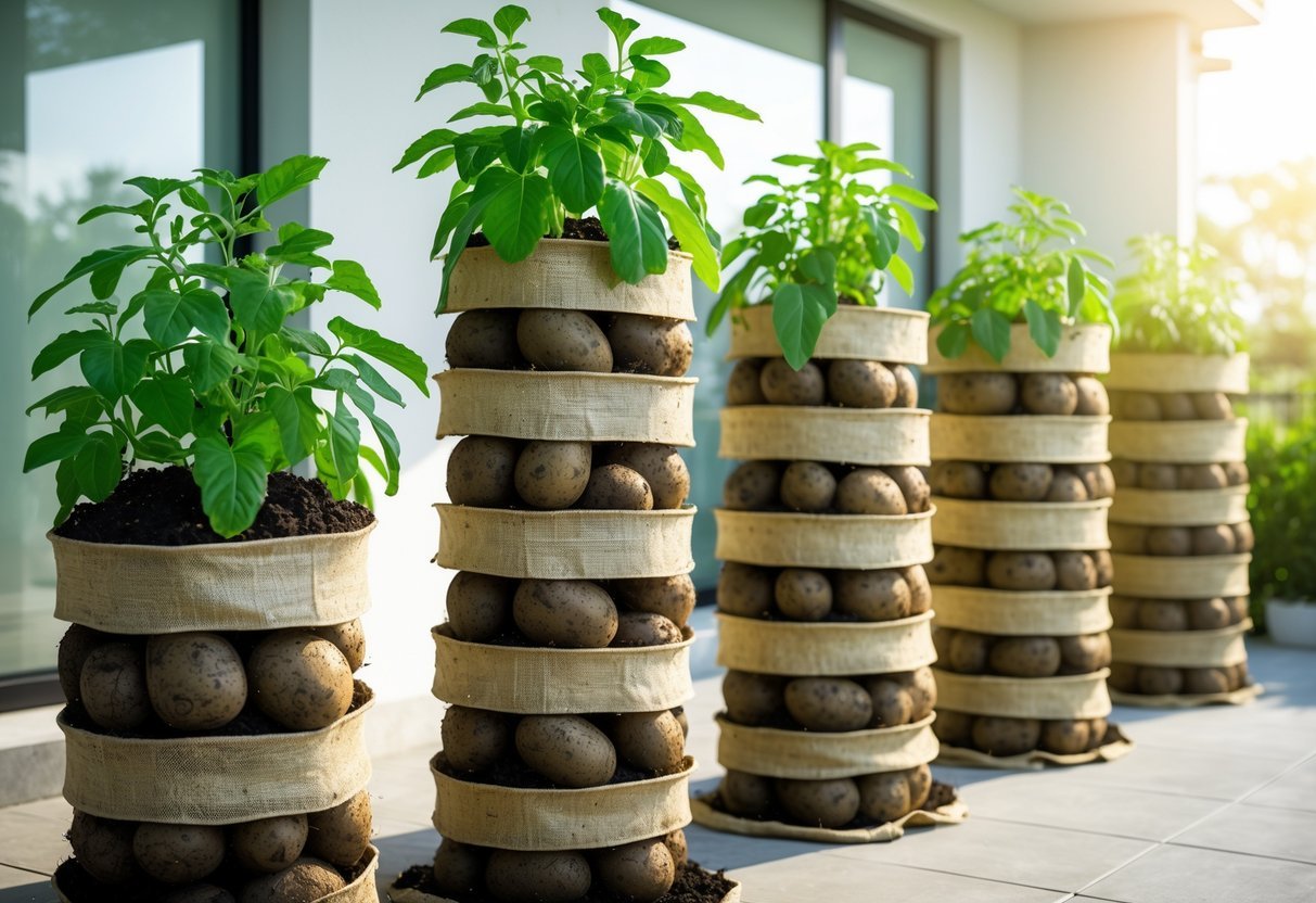 19+ Recycled Fabric Grow Bags for Sustainable Gardening in the US 18 Several vertical potato towers made from recycled fabric grow bags with green potato plants growing on a sunny patio.