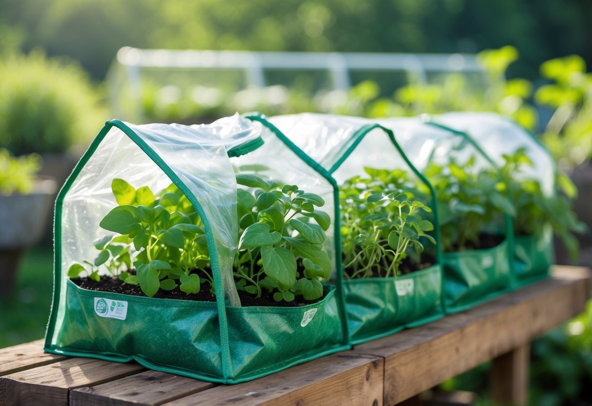 19+ Recycled Fabric Grow Bags for Sustainable Gardening in the US 19 Mini greenhouse setup with recycled fabric grow bags covered by transparent protective covers, containing green plants and seedlings outdoors.