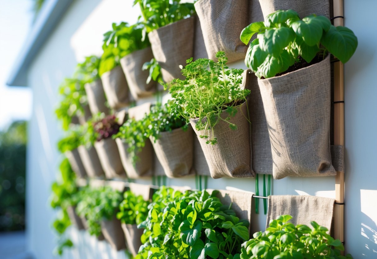 19+ Recycled Fabric Grow Bags for Sustainable Gardening in the US 21 A vertical garden wall made of recycled fabric grow bags filled with green plants and herbs.