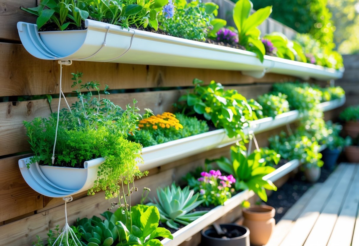 Hanging Gutter Garden Ideas: 7 Easy Ways to Transform Small Spaces in Your US Home 2 A hanging garden made from rain gutters filled with green plants and colorful flowers mounted on a wooden fence outdoors.