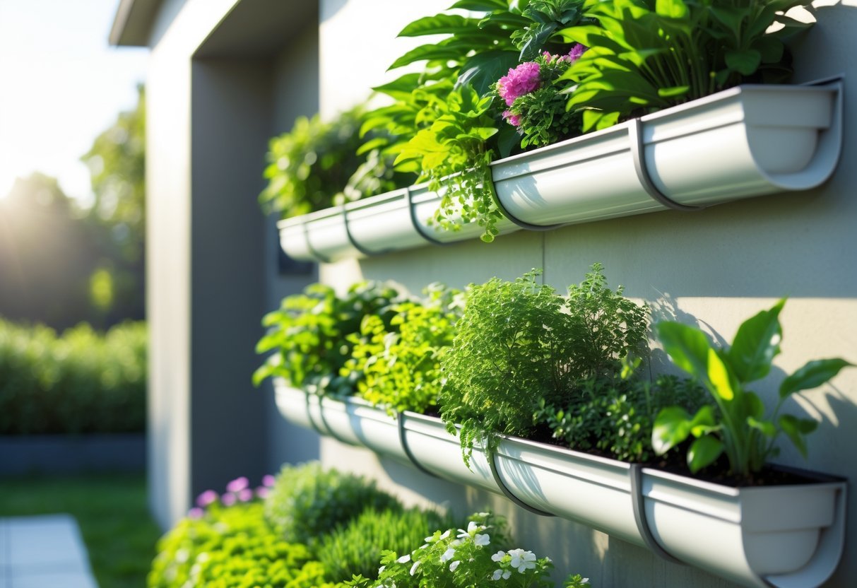 Hanging Gutter Garden Ideas: 7 Easy Ways to Transform Small Spaces in Your US Home 3 Vertical wall-mounted gutter garden with multiple gutters filled with green plants and flowers hanging on an exterior wall.