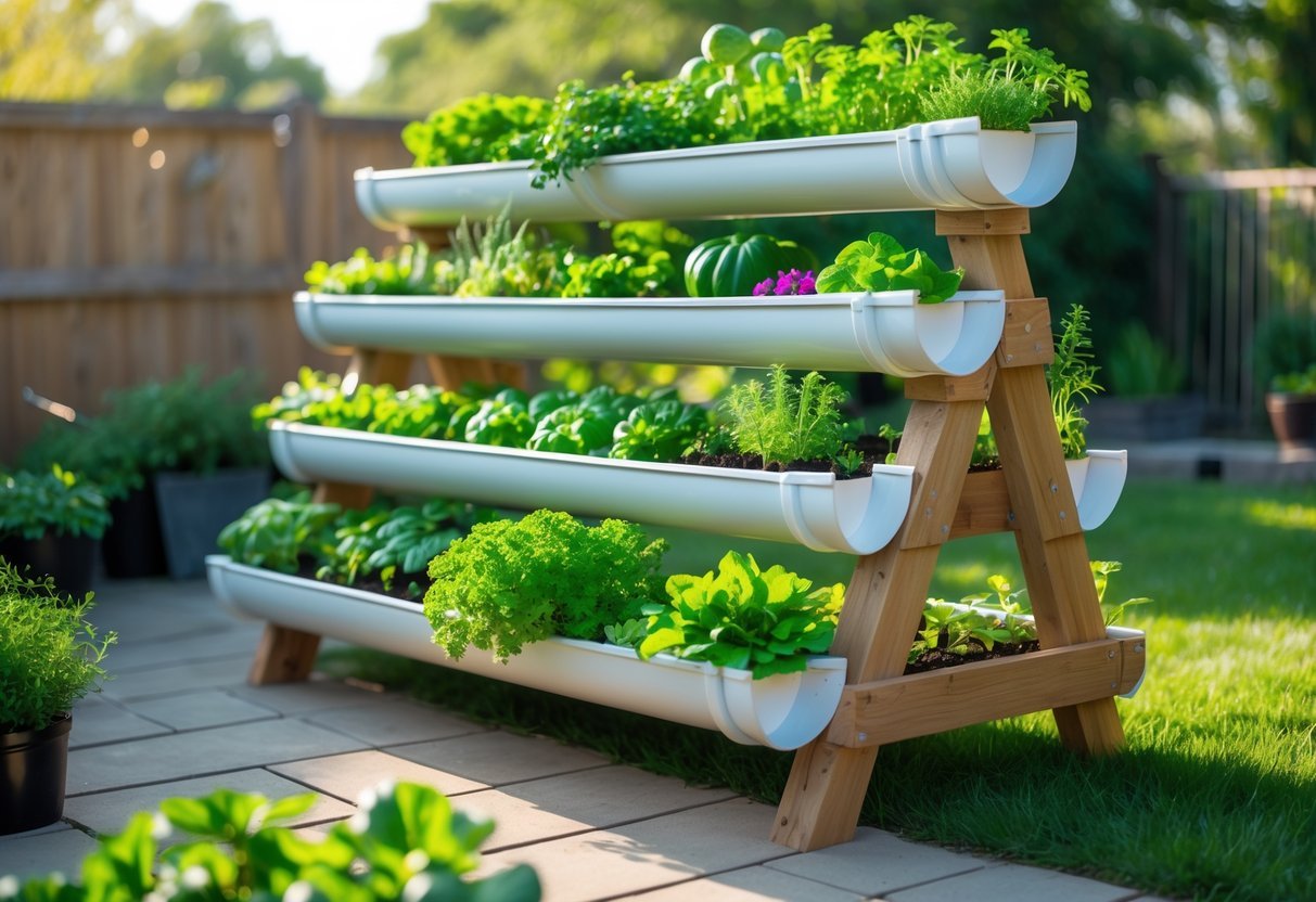 Hanging Gutter Garden Ideas: 7 Easy Ways to Transform Small Spaces in Your US Home 4 A freestanding tiered gutter garden with multiple levels of plants growing in white gutters mounted on a wooden frame outdoors.