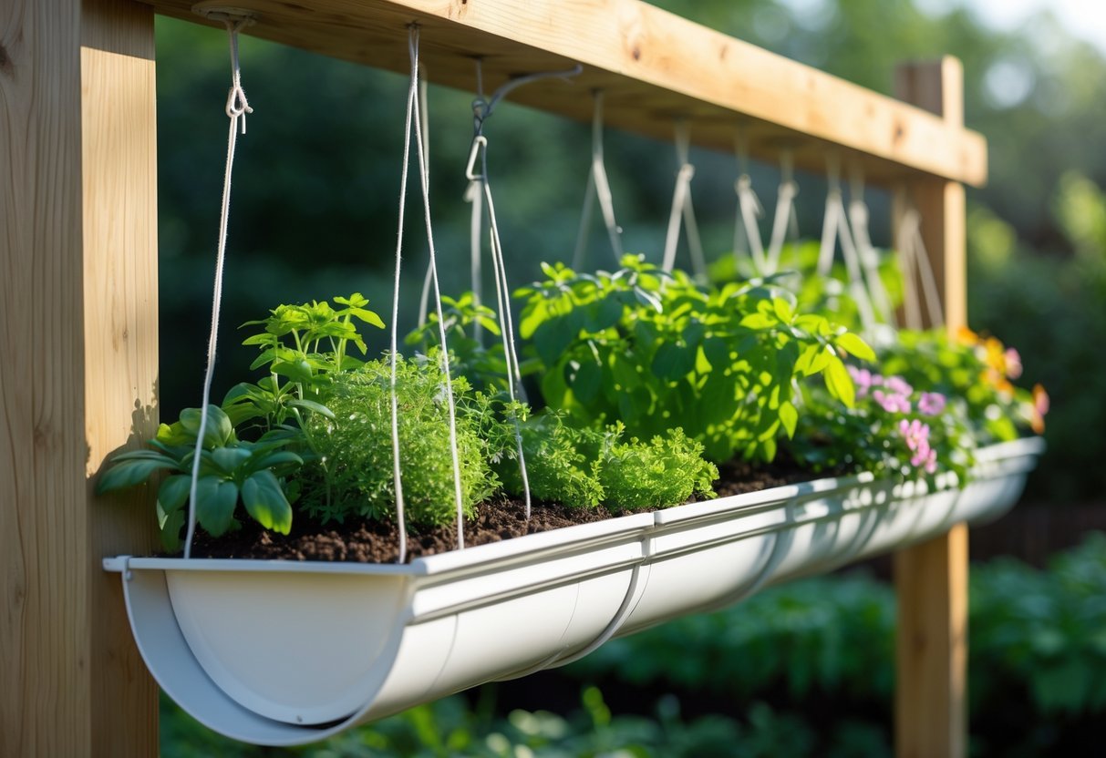 Hanging Gutter Garden Ideas: 7 Easy Ways to Transform Small Spaces in Your US Home 5 A wooden frame holding several hanging gutters filled with green plants and flowers in an outdoor garden setting.