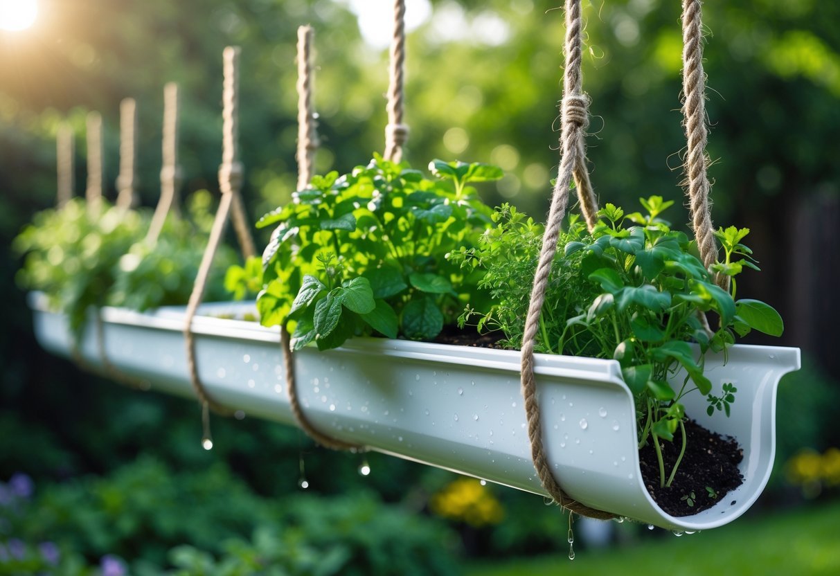 Hanging Gutter Garden Ideas: 7 Easy Ways to Transform Small Spaces in Your US Home 6 Hanging gutter planters suspended by ropes filled with green herbs and small flowering plants outdoors.