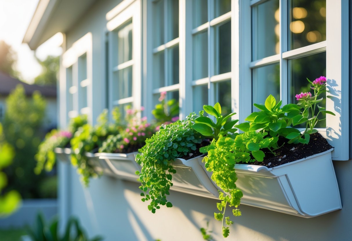 Hanging Gutter Garden Ideas: 7 Easy Ways to Transform Small Spaces in Your US Home 7 Window frames mounted on a wall with gutters filled with green plants and small flowers hanging as a garden.