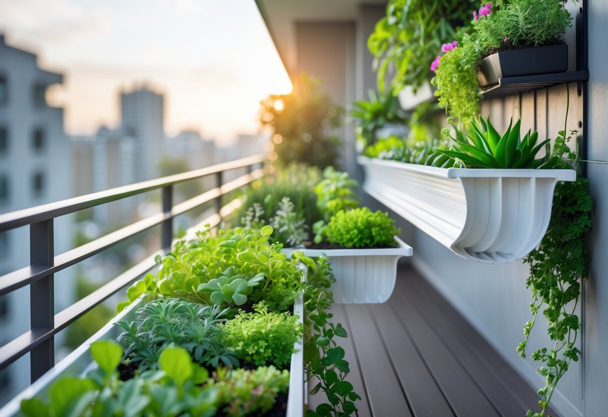 Hanging Gutter Garden Ideas: 7 Easy Ways to Transform Small Spaces in Your US Home 8 A balcony railing with white gutters repurposed as hanging garden planters filled with green plants and flowers.