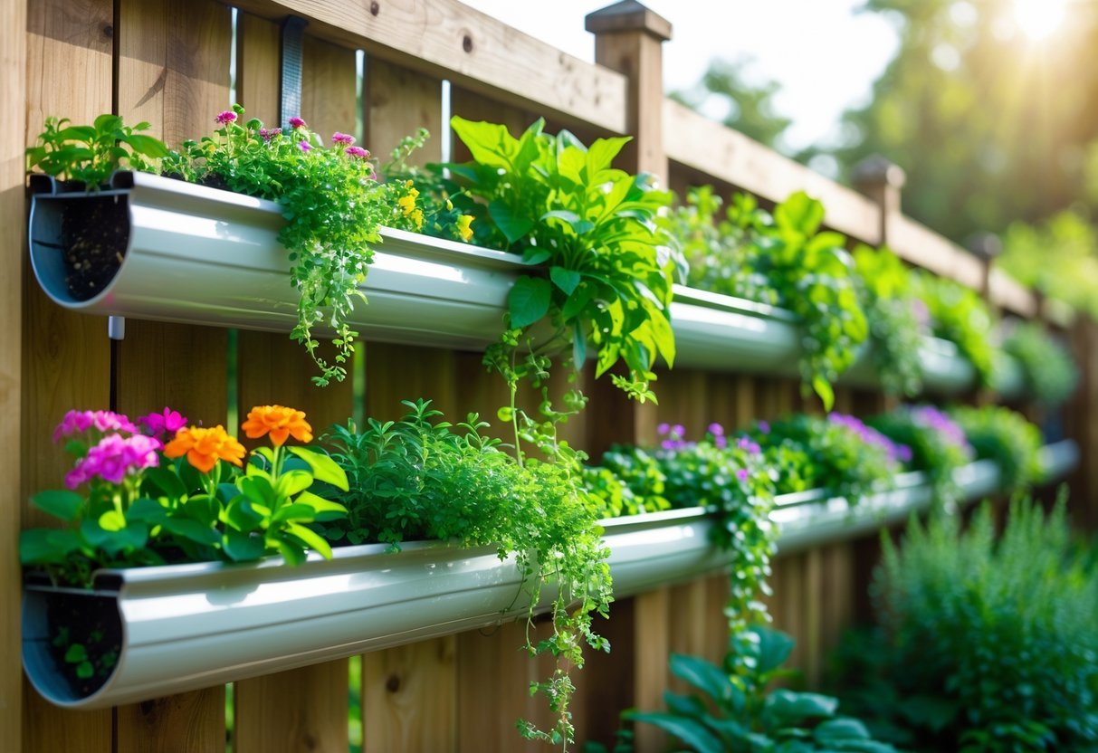 Hanging Gutter Garden Ideas: 7 Easy Ways to Transform Small Spaces in Your US Home 9 A wooden fence with multiple horizontal gutters attached, each filled with green plants and colorful flowers forming a hanging garden.